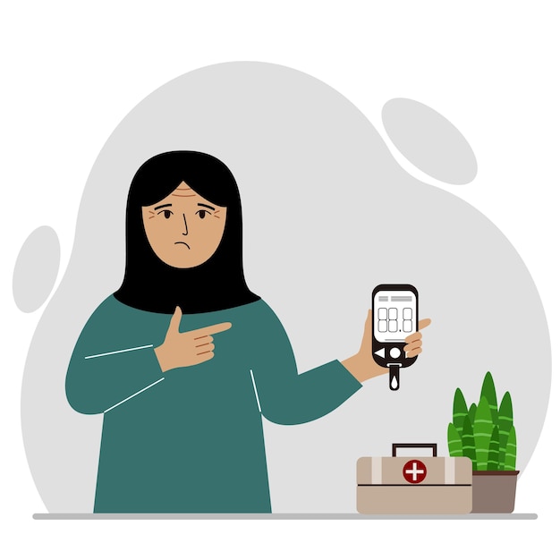 Sad woman holds a glucometer in his hand The concept of blood sugar control diabetic Vector flat illustration