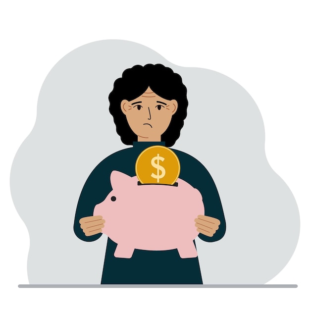 Sad woman holds a piggy bank a coin falls into the piggy bank The concept of saving finance savings investing finances