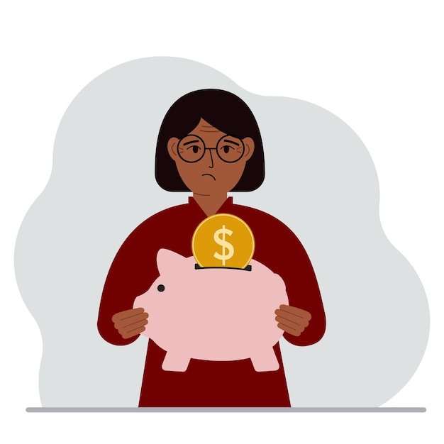 Sad woman holds a piggy bank a coin falls into the piggy bank The concept of saving finance savings investing finances