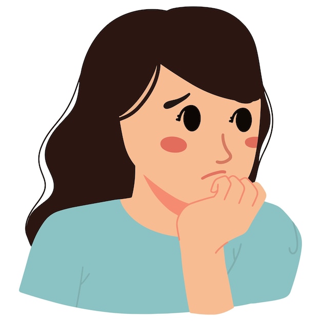 Sad woman looking out with hand on chin wondering and upset face illustration