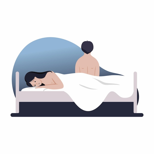 Sad woman and man are lying in bed  Sexual dysfunction Impotence and man health