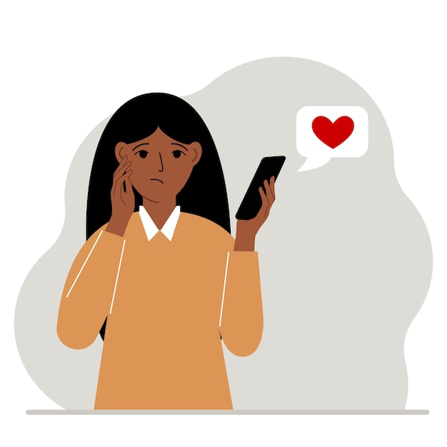 A sad woman reads a message on his mobile phone Message with red heart Vector