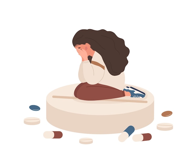 Sad woman sitting on big pill Mental disorders concept Antidepressants vitamins and hormonal medications