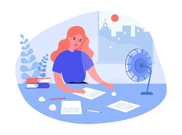 Sad woman sitting at table and writing. Sheets of paper on desk, crumpled paper, anxious female character flat vector illustration. Creativity crisis, journalism concept for banner, website design