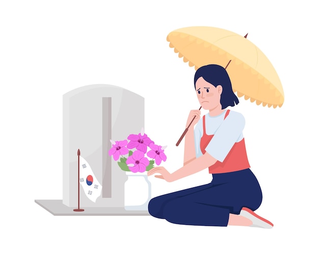 Sad woman on soldier grave semi flat color vector character