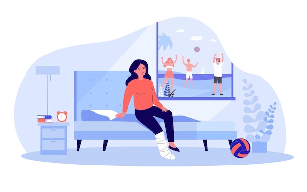 Sad woman with broken leg looking at people playing outside. Girl with leg in cast sitting on bed indoors flat vector illustration. Injury, summer concept for banner, website design or landing page