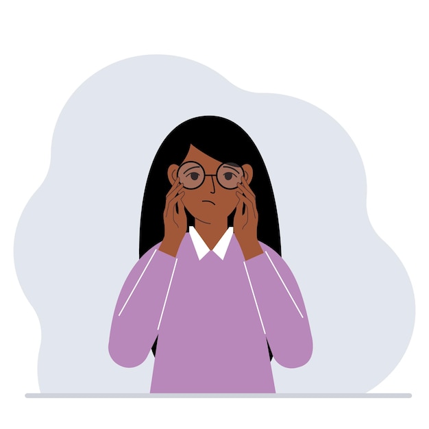 Sad woman with glasses. Vision problem concept. Vector