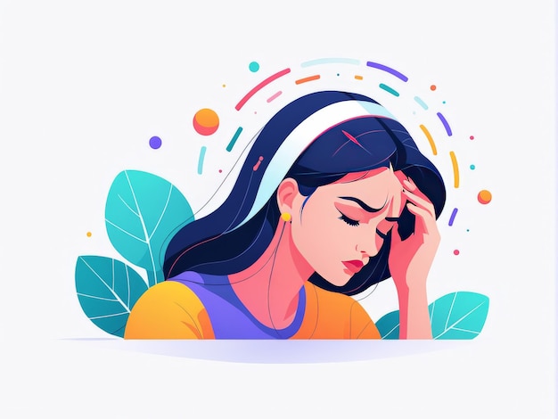 Vector sad woman with headache vector illustration stress and migraine depression