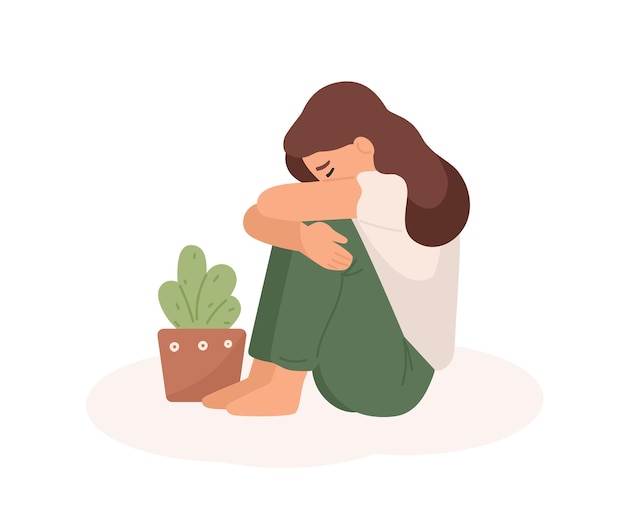 Sad young girl flat vector illustration. Bad mood, melancholy, sorrow, negative emotions concept. Crying woman hugging her legs and flowerpot cartoon character isolated on white background.