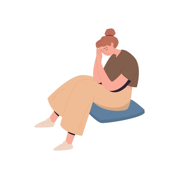 Sad young girl is sitting with her head down An unhappy female depressive is consumed by grief The woman is in a bad mood Cartoon vector illustration on an isolated white background