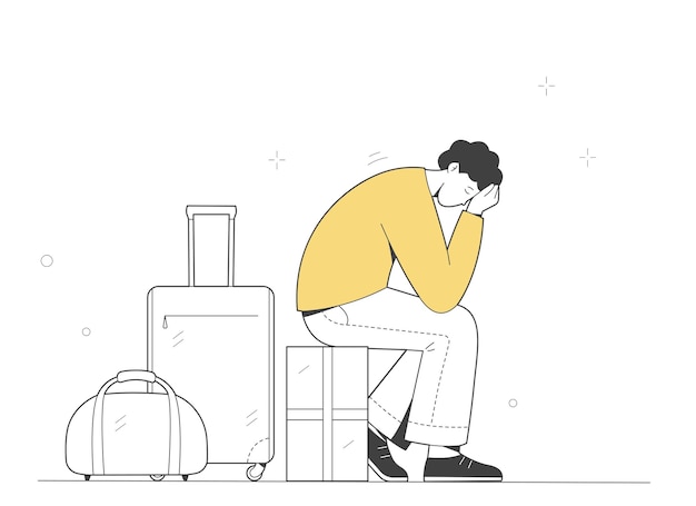 Sad young man is sitting on his luggage waiting for a train plane or steamer