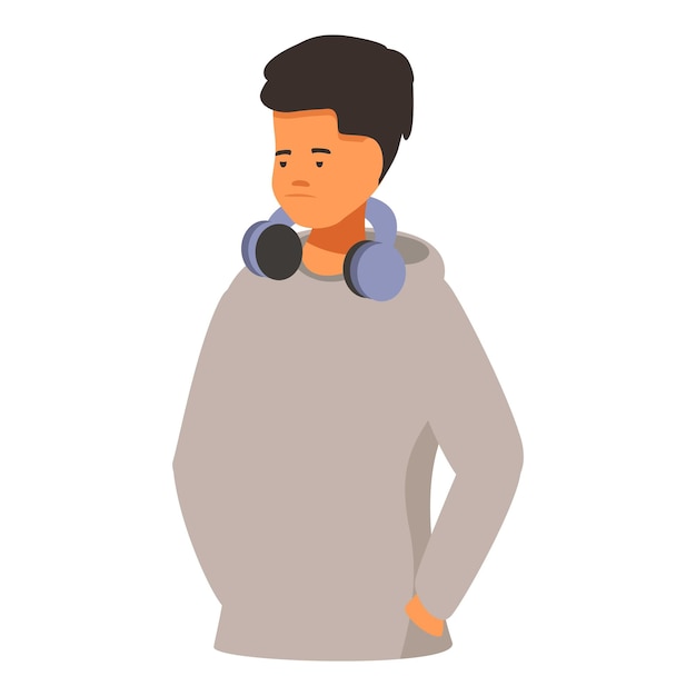 Vector sad young man listening to music wearing headphones