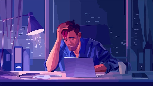 Vector sad young man working late with laptop