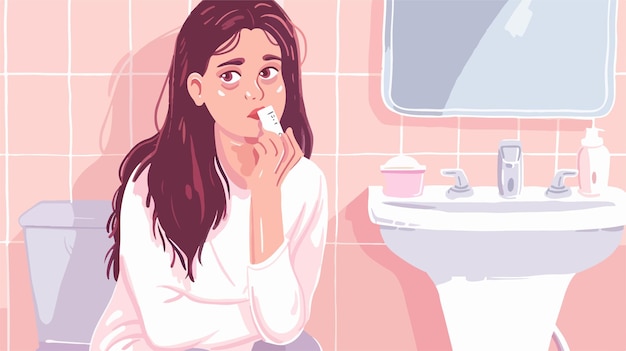 Sad Young Woman Holding Pregnancy Test in Bathroom