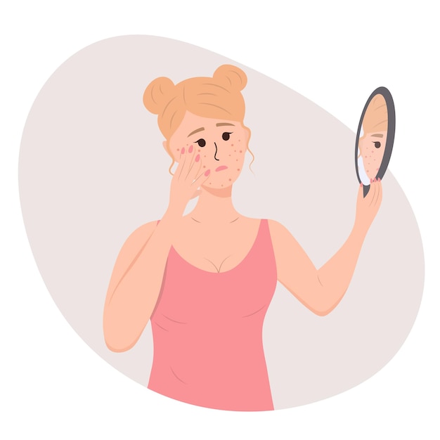 Sad young woman is looking at her pimples in the mirror Person with acne problem