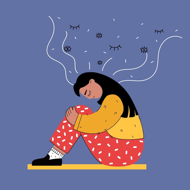 Sad young woman sits on the floor at night isolated in flat style.   illustration.