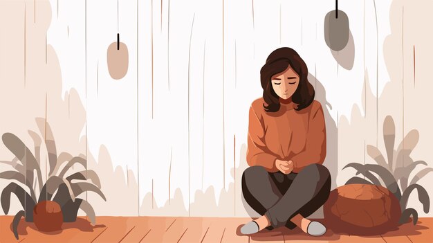 Vector sad young woman sitting by wooden wall at home