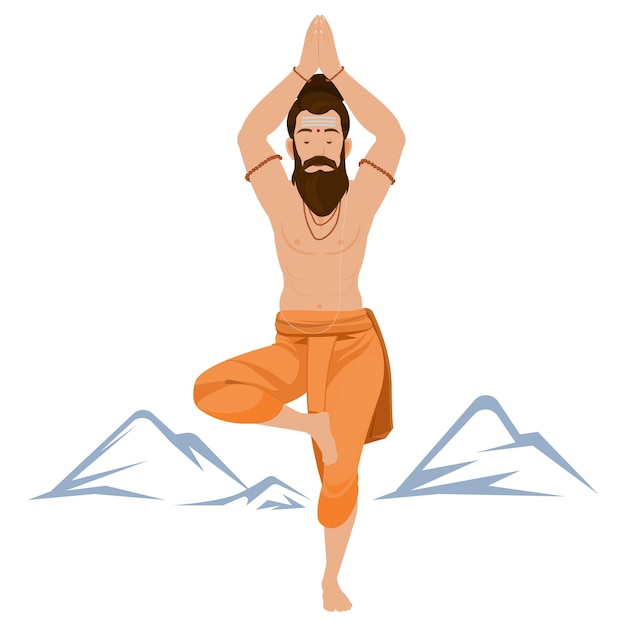 Vector sadhu doing yoga spiritual balance guru relaxation meditation