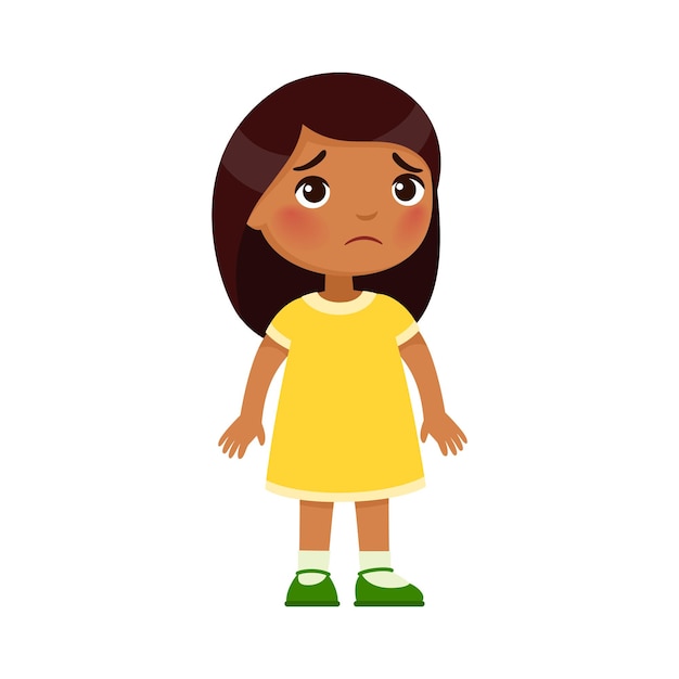 Sadness little Indian girl Upset dark skin child standing alone cartoon