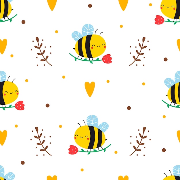 Saemless pattern with cute bee flower and heart Vector illustration