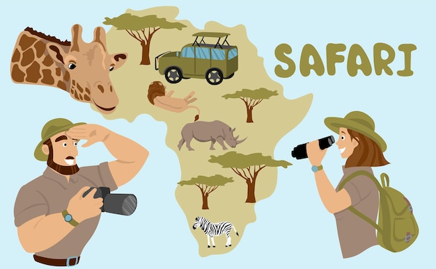 Vector safari in africa a girl with backpack and binoculars looks at the wild animals lion rhino zebra