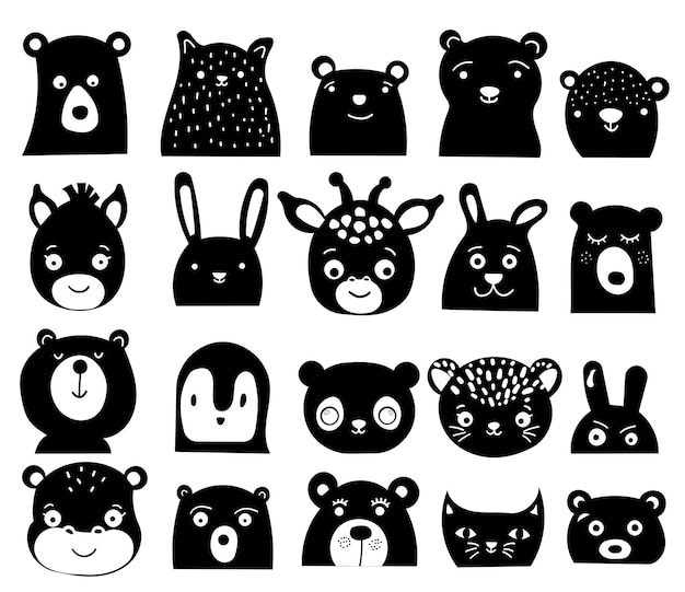 Safari animal faces kawaii style Cute animals heads icons Fun vector illustration animals