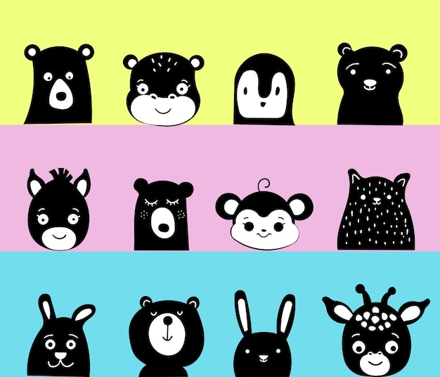 Safari animal faces kawaii style Cute animals heads icons Fun vector illustration animals