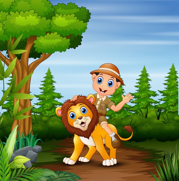 Safari boy with lion walking in the jungle