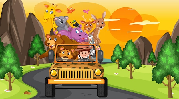 Safari concept with wild animals in the jeep car