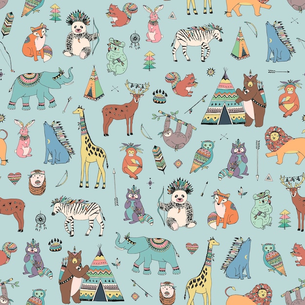 Safari forest asian tribal animals vector seamless pattern