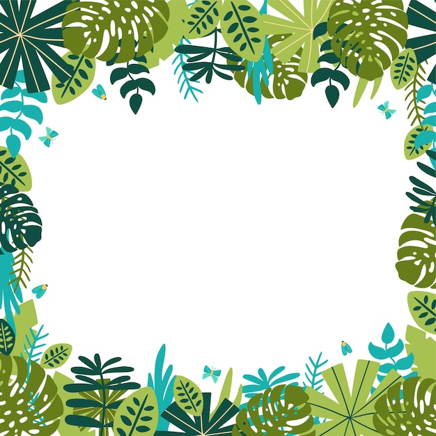 Safari frame Green jungle floral frame Tropical leaves palm leaves frame nature background Green rainforest border tropical card template monstera leaf Vector illustration Summer jungle design