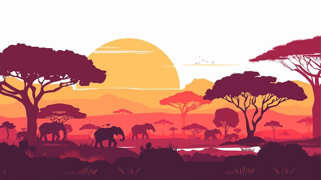 Vector safari landscape illuminated by sunset light