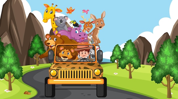 Safari scene at daytime with wild animals on the tourist car