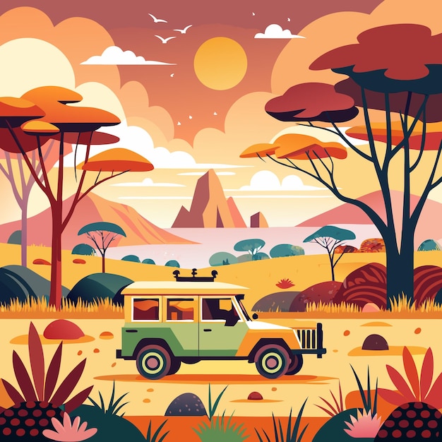 Vector a safari scene with a jeep driving through the savannah surrounded by exotic wildlife