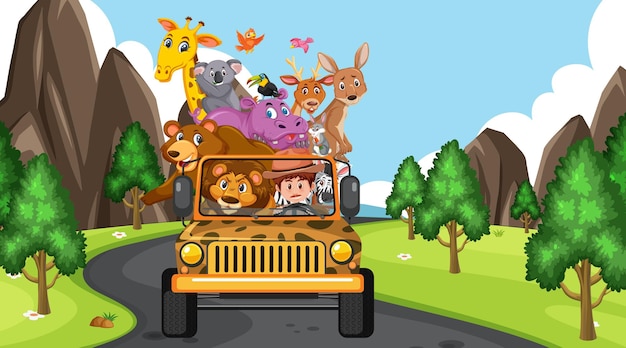 Safari scene with wild animals in the jeep car