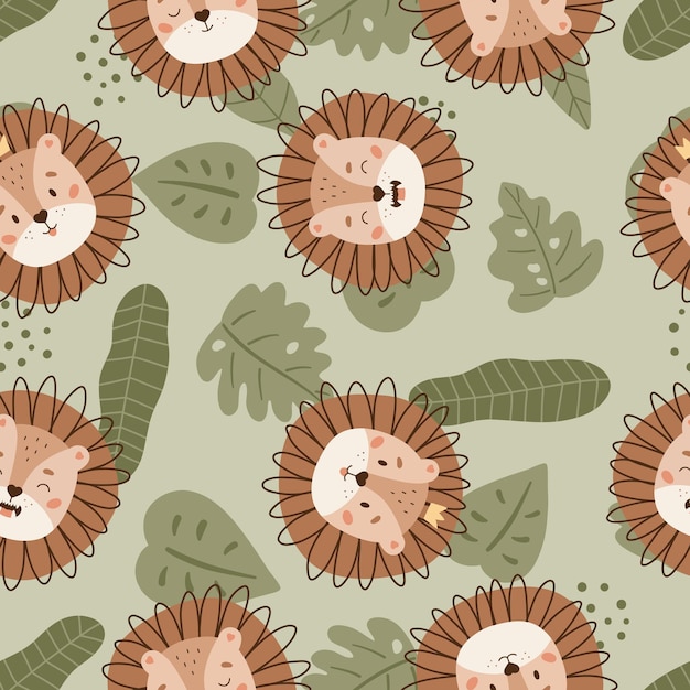 Safari seamless pattern with faces of lions and palm leaves on green background