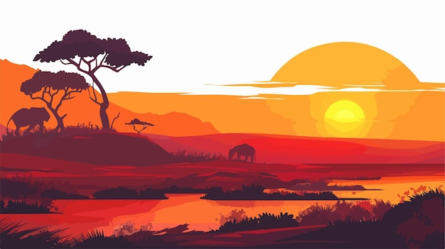 Safari Sunset Landscape Vector Isolated on White Background