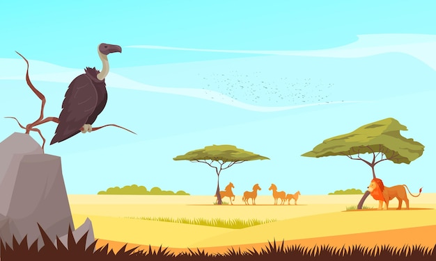 Safari travel wild animals flat illustration with vulture and lion watching grazing animals