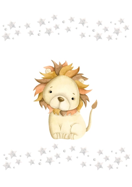 Vector safari watercolor handdrawn illustration with baby lion and stars for kids