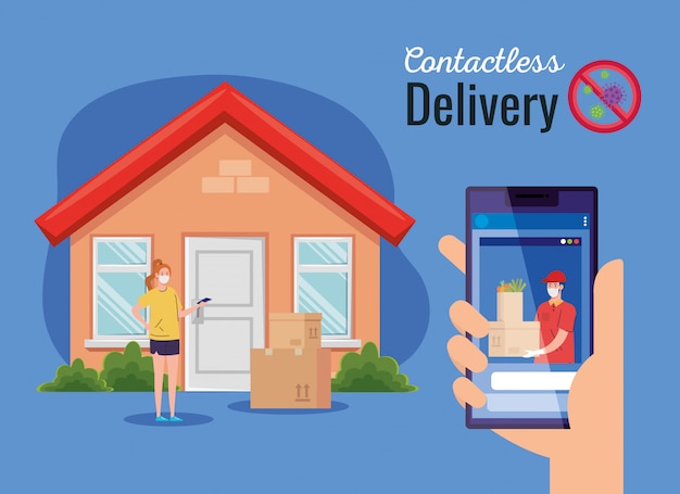 Safe contactless delivery courier to home by covid-19, stay home, order goods online by smartphone