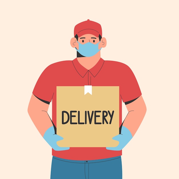 Safe delivery concept Courier delivering order in protective medical mask and gloves