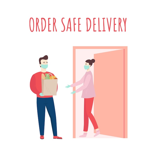 Safe food delivery Young courier delivering grocery order to the home of customer girl with mask and gloves during the coronavirus pandemic Cartoon vector illustration