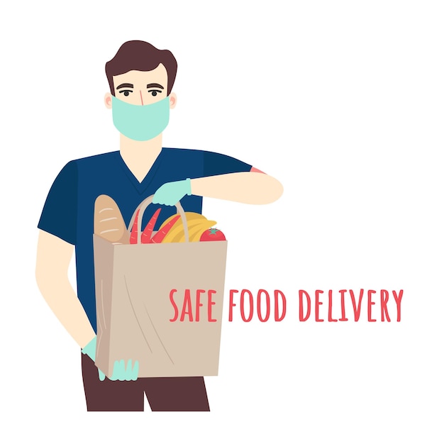 Safe food delivery Young courier delivering grocery order to the home of customer with mask and gloves during the coronavirus pandemic Vector cartoon illustration isolated on white background