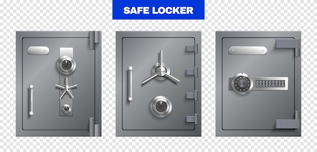 Safe lockers doors set on transparent background realistic isolated vector illustration