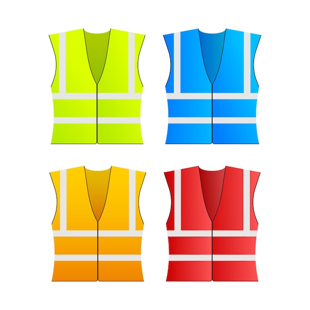 Safety jacket security. Set of yellow and orange work uniform with reflective stripes. Vector stock illustration.