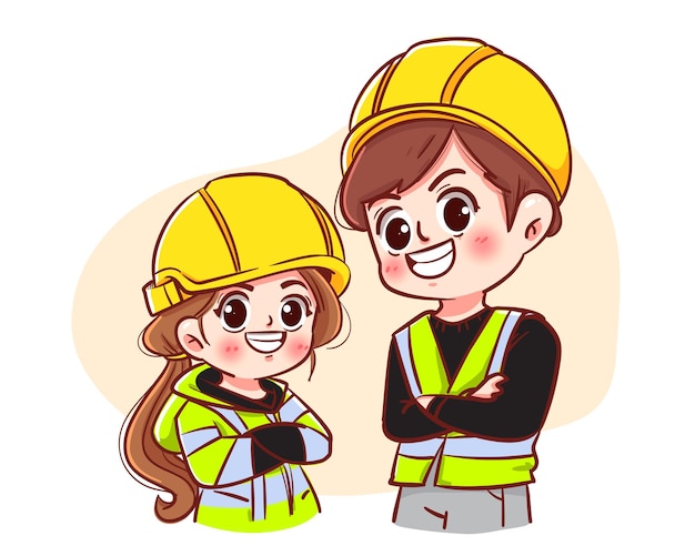 Safety man and safety woman concept maintain security in factories or construction sites cartoon hand drawn cartoon art illustration