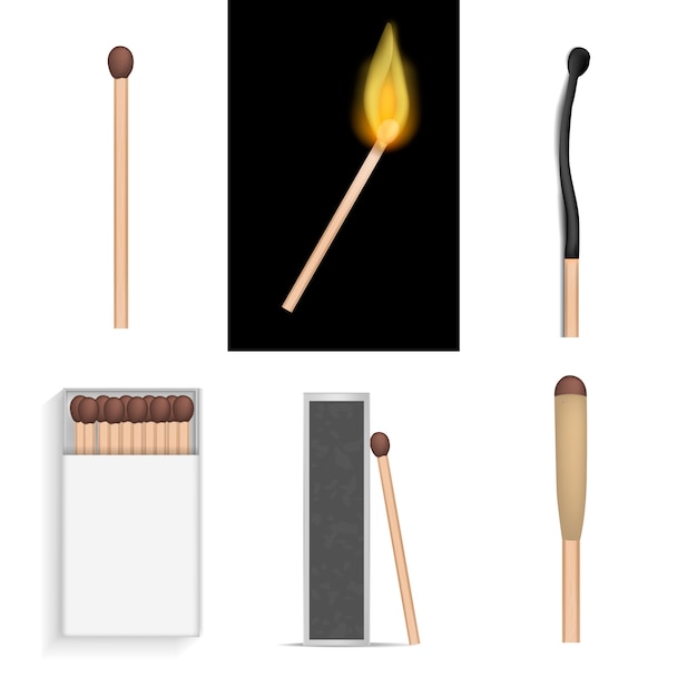 Safety match ignite burn mockup set. Realistic illustration of 6 safety match ignite burn mockups for web