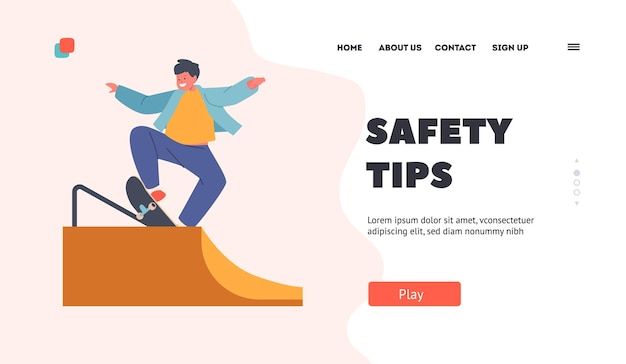 Safety Tips Landing Page Template Kid Jumping on Quarter Pipe Skateboarding Outdoor Activity Little Boy Fun