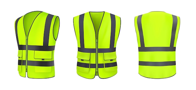 Safety vest front, back view and side. Yellow, light green jacket with reflective stripes. Safety vest for construction works, drivers and road workers with fluorescent protective. Realistic 3d vector