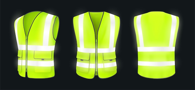 Safety vest front back view and side Yellow light green jacket with reflective stripes